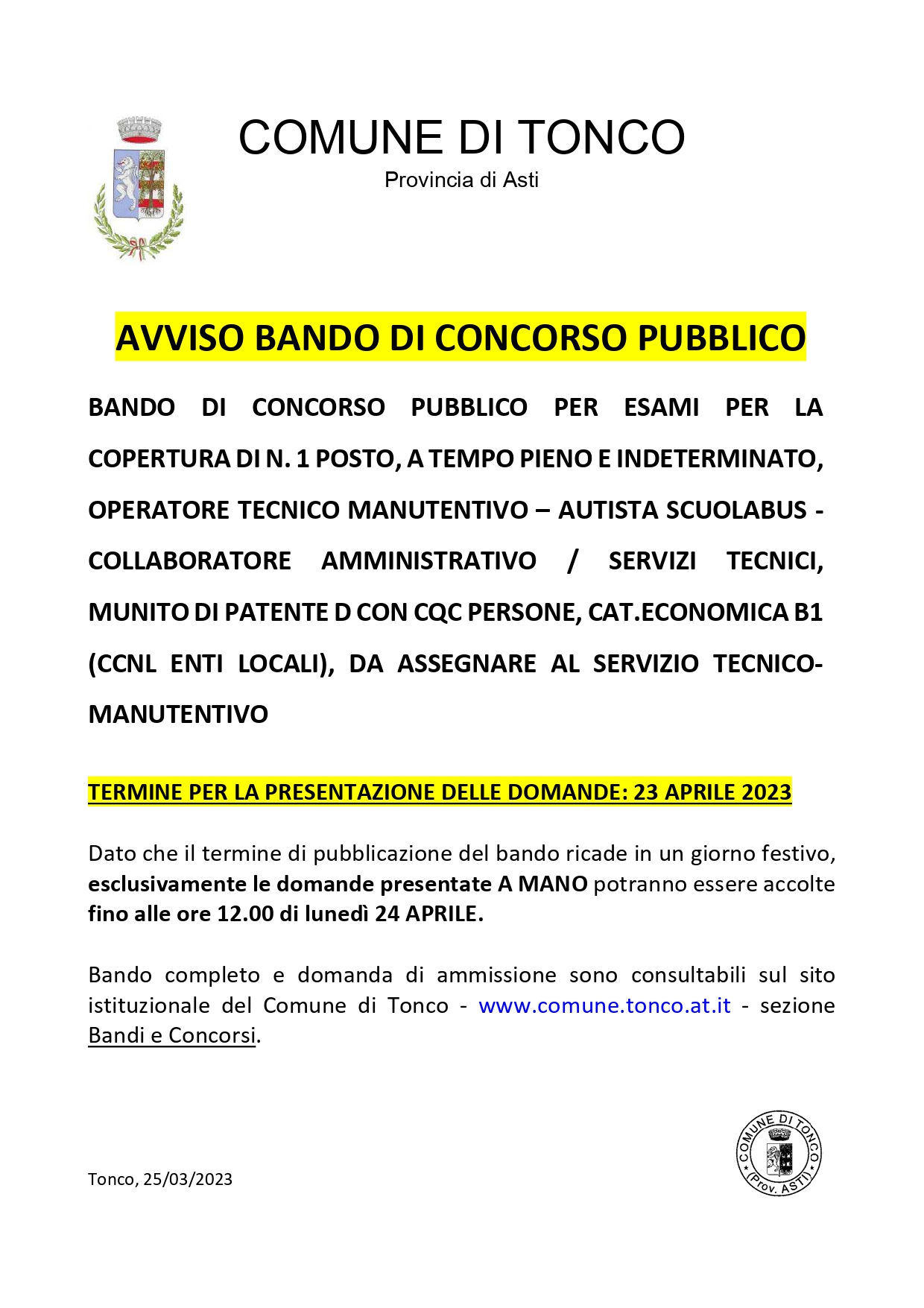 Avviso bando di concorso pubblico