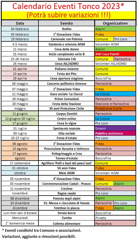 Calendario eventi 2023