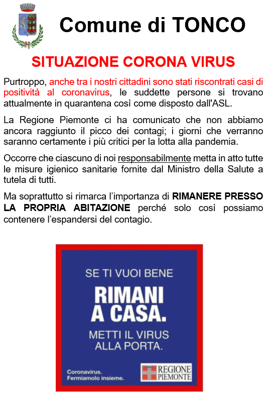 TONCO: Situazione corona virus 26/03/2020