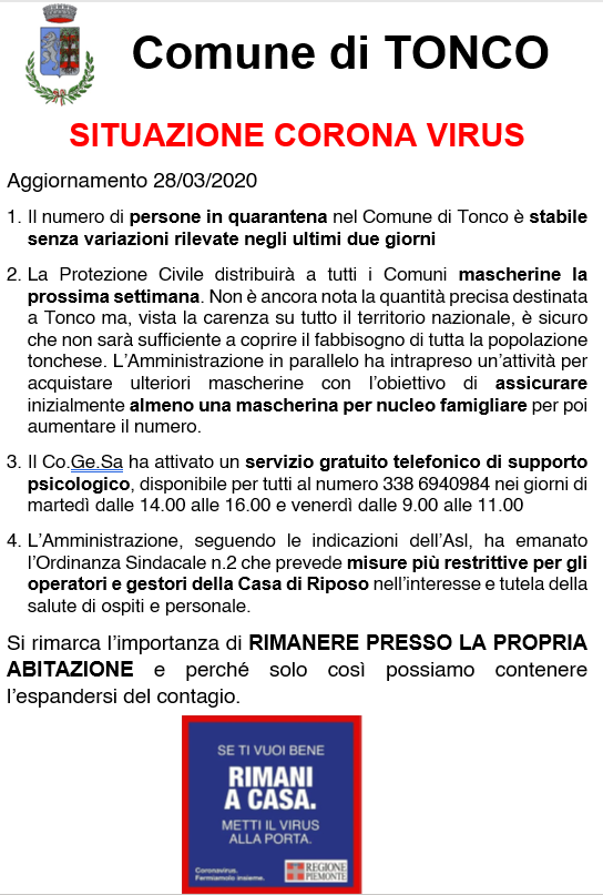 TONCO: Situazione corona virus 28/03/2020