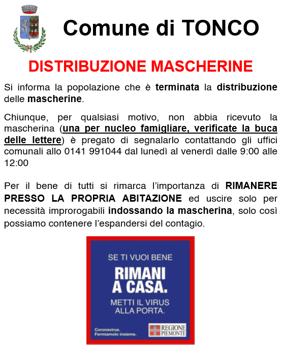 Coronavirus: completamento distribuzione mascherine