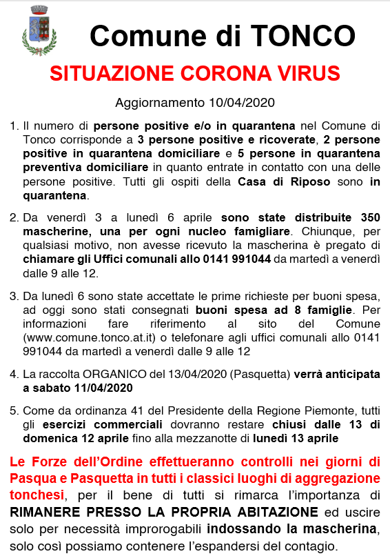 TONCO: Situazione corona virus 10/04/2020