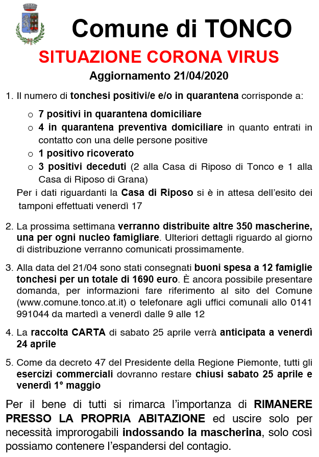 TONCO: Situazione corona virus 21/04/2020 