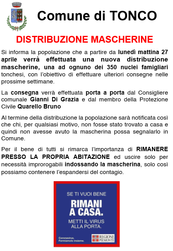 Coronavirus: distribuzione mascherine dal 27/04