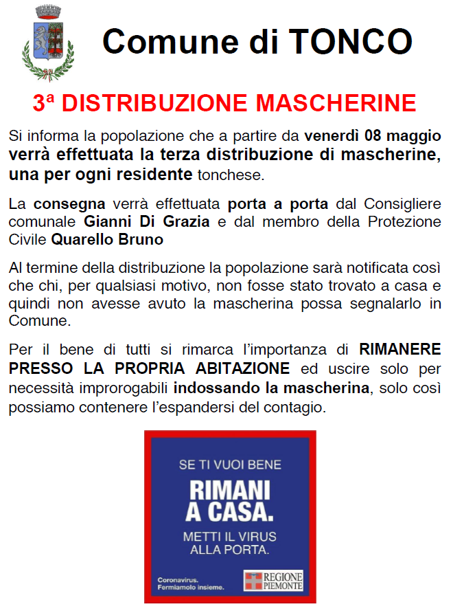 Coronavirus: distribuzione mascherine dal 08/05