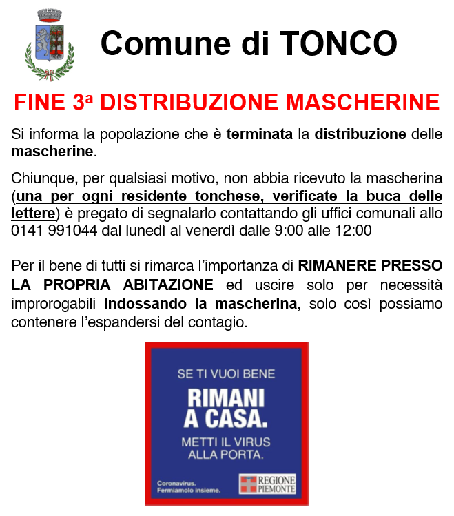 Coronavirus: fine 3a distribuzione mascherine 10/05