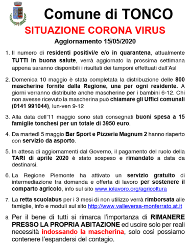 TONCO: Situazione corona virus 15/05/2020 