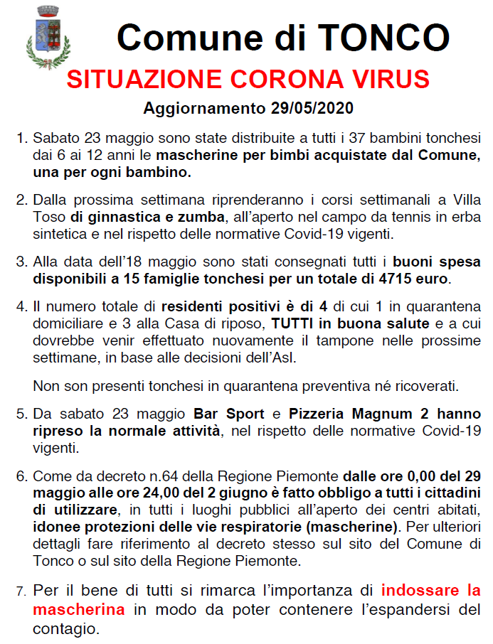 TONCO: Situazione corona virus 29/05/2020 