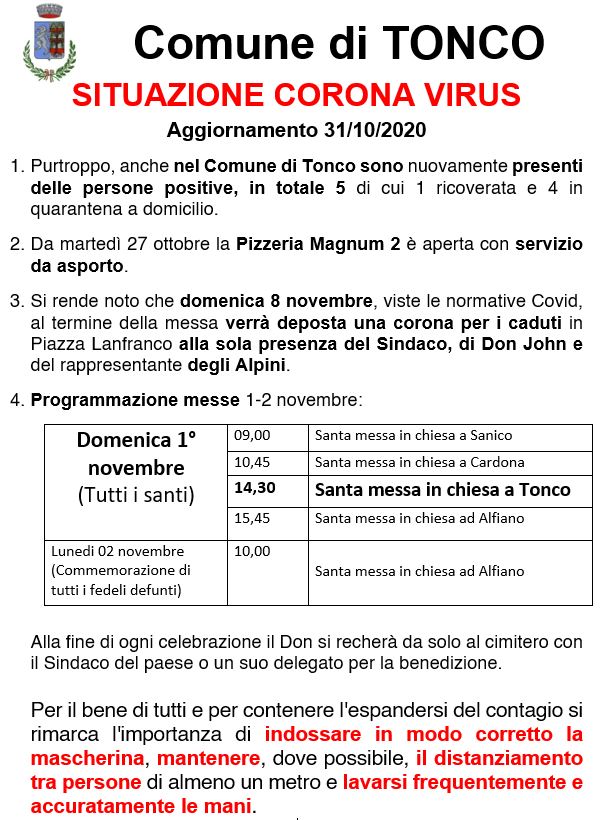TONCO: Situazione corona virus 31/10/2020