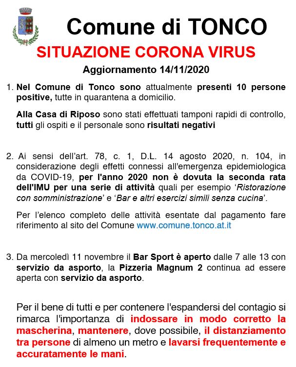 TONCO: Situazione corona virus 14/11/2020