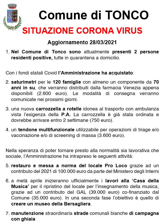 TONCO: Situazione corona virus 28/03/2021