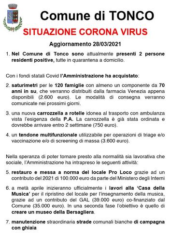 TONCO: Situazione corona virus 28/03/2021
