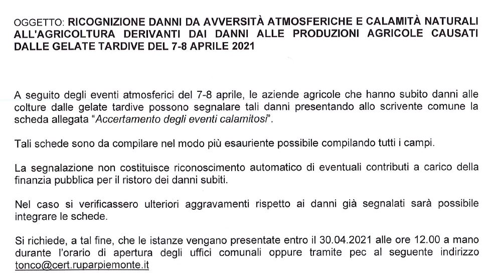 Ricognizione danni all'agricoltura - Eventi atmosferici del 07-08/04/2021